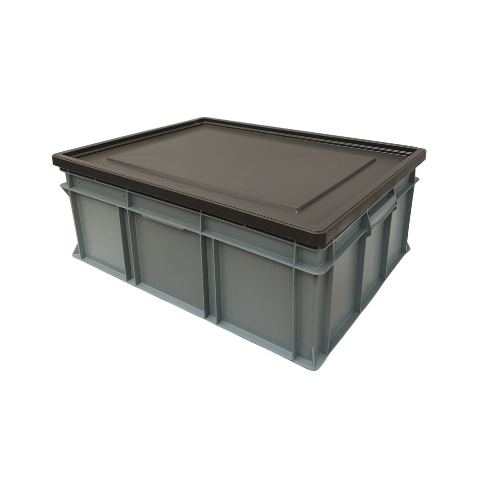 Engels Stapelbak met oplegdeksel, 800x600x340 mm, euronorm, grijs pp, gebruikt Engels Stapelbak met oplegdeksel, 800x600x340 mm, euronorm, grijs pp, gebruikt