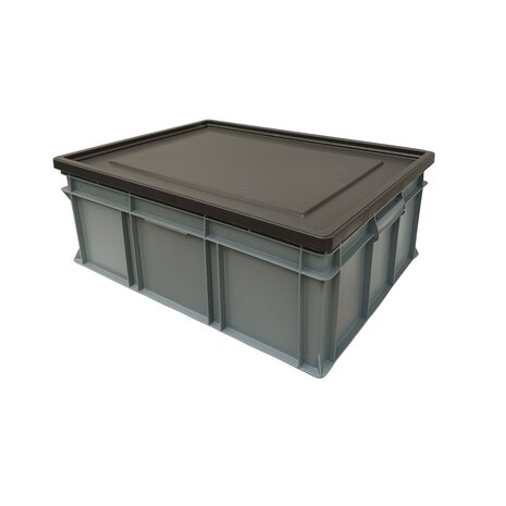 Engels Stapelbak met oplegdeksel, 800x600x340 mm, euronorm, grijs pp, gebruikt Engels Stapelbak met oplegdeksel, 800x600x340 mm, euronorm, grijs pp, gebruikt