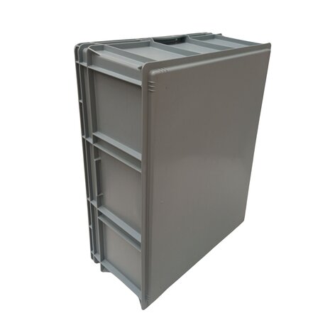 Engels Stapelbak met oplegdeksel, 800x600x340 mm, euronorm, grijs pp, gebruikt Engels Stapelbak met oplegdeksel, 800x600x340 mm, euronorm, grijs pp, gebruikt