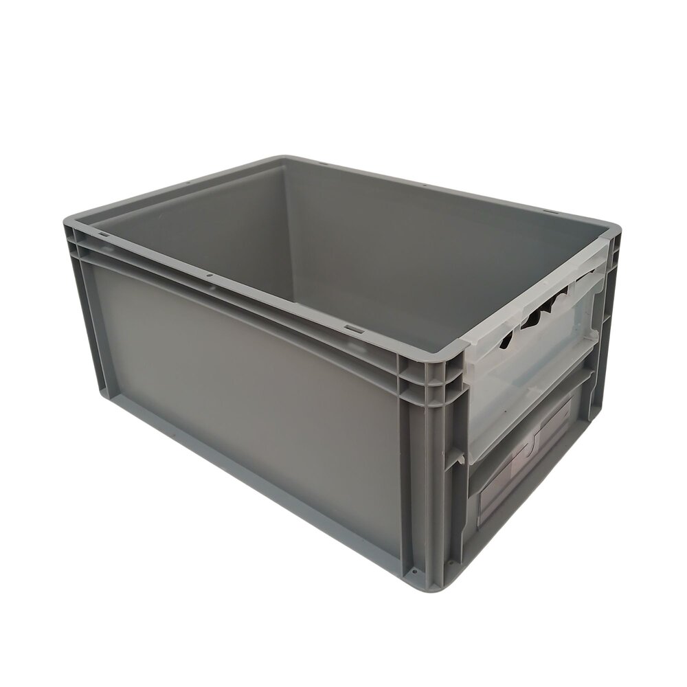 Emtrade Stapelbak met luik en deksel 600x400x270 mm grijs PP levensmiddelgeschikt Emtrade Stapelbak met luik en deksel 600x400x270 mm grijs PP levensmiddelgeschikt