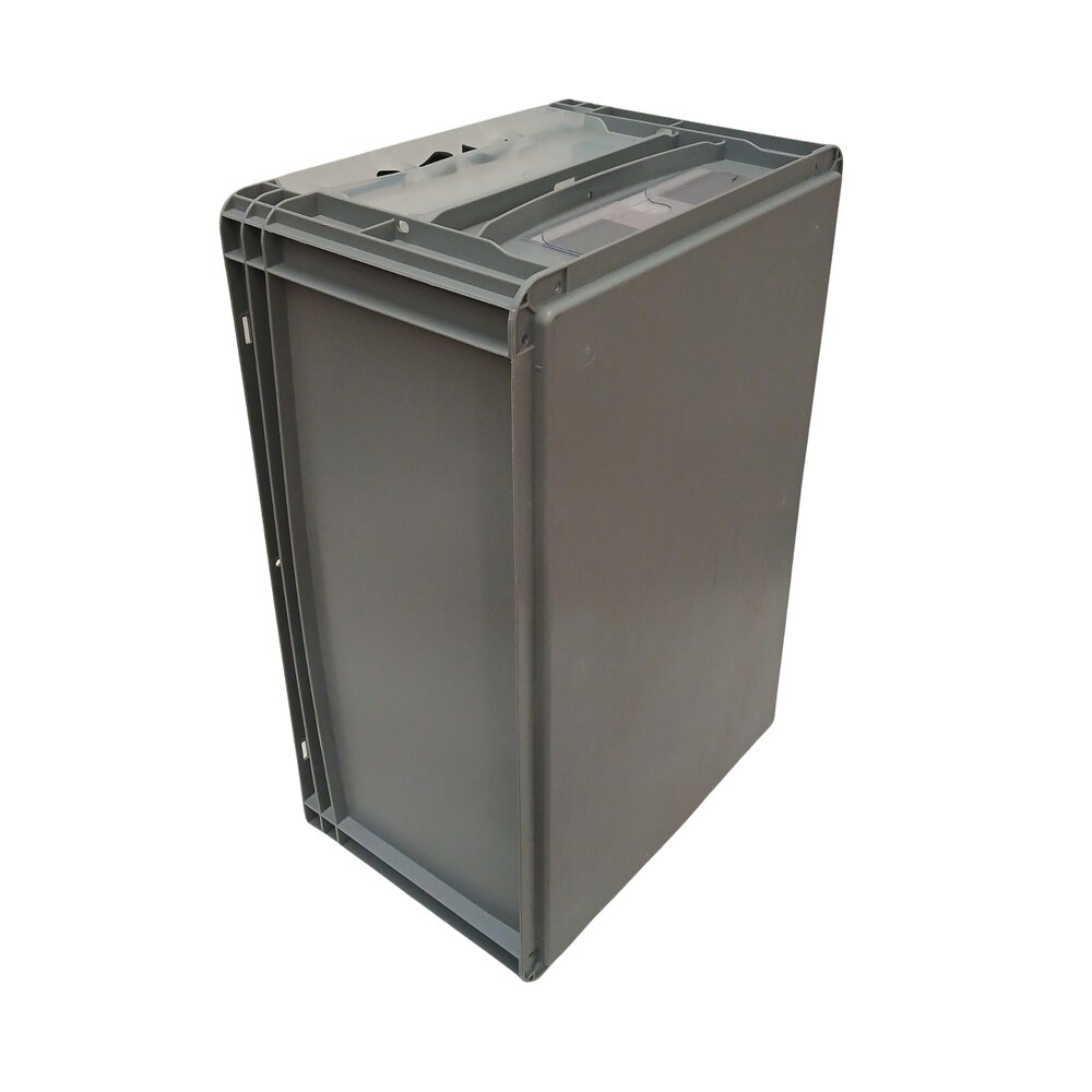 Emtrade Stapelbak met luik en deksel 600x400x270 mm grijs PP levensmiddelgeschikt Emtrade Stapelbak met luik en deksel 600x400x270 mm grijs PP levensmiddelgeschikt