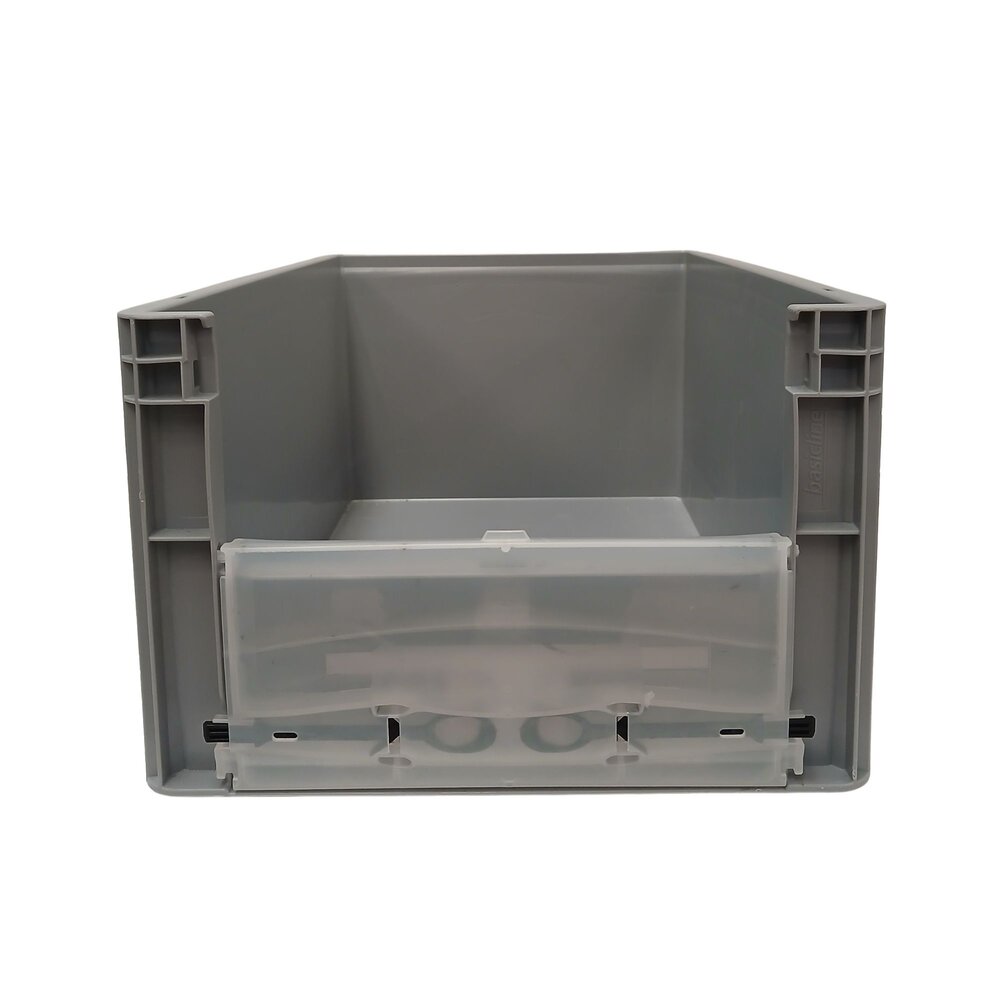Emtrade Stapelbak met luik en deksel 600x400x270 mm grijs PP levensmiddelgeschikt Emtrade Stapelbak met luik en deksel 600x400x270 mm grijs PP levensmiddelgeschikt