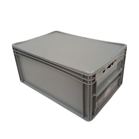 Emtrade Stapelbak met luik en deksel 600x400x270 mm grijs PP levensmiddelgeschikt Emtrade Stapelbak met luik en deksel 600x400x270 mm grijs PP levensmiddelgeschikt