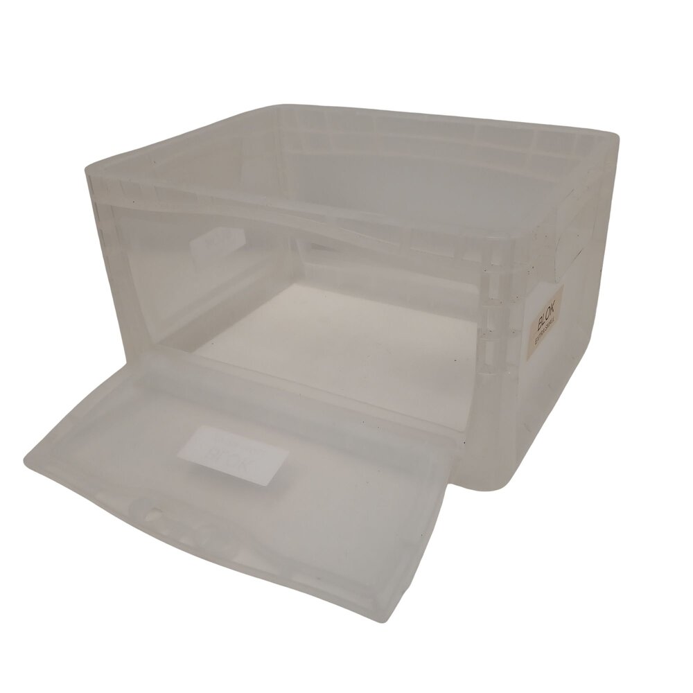 Emtrade Stapelbak 400x300x220 mm transparant PP05 met uitklapbaar luik, gebruikt