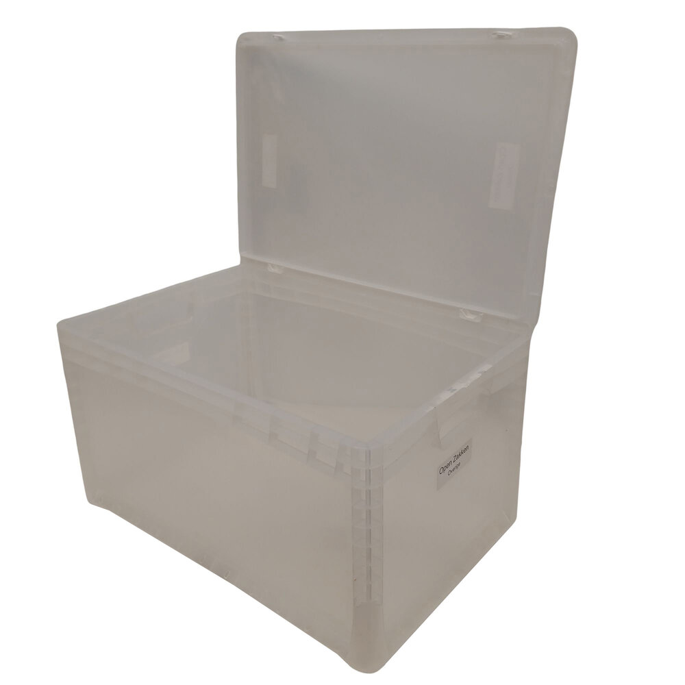 Emtrade Stapelbak 600x400x320 mm transparant PP05 met scharnierdeksel, gebruikt Emtrade Stapelbak 600x400x320 mm transparant PP05 met scharnierdeksel, gebruikt