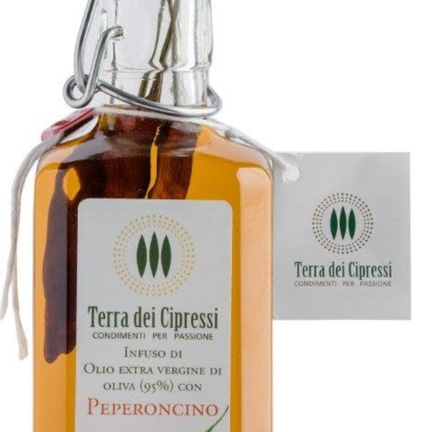 Terra Cipressi Olijfolie met Pikante Pepers (Peperoncino) Glazen Fles met Kurk - Terra Cipressi - 250 ml