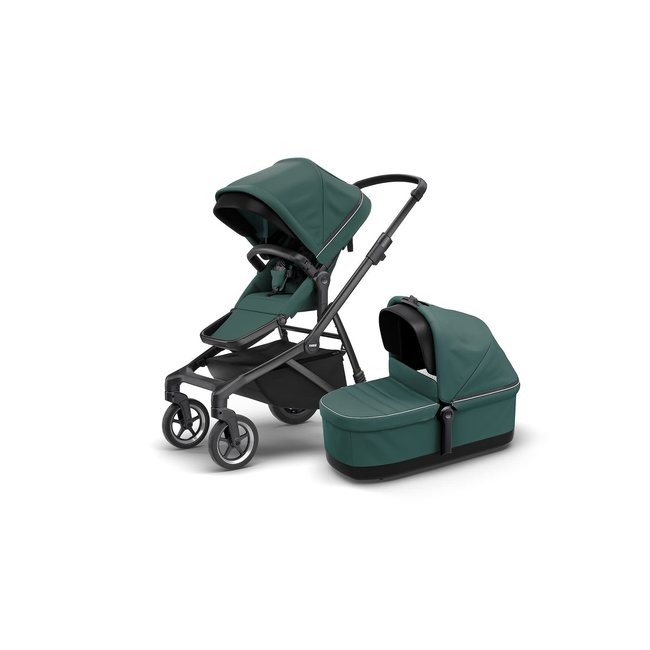 THULE sleek stroller mallard green on black with bassinet