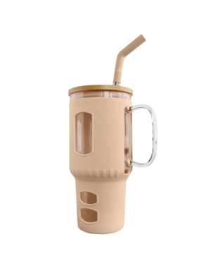  Glasbecher mit Strohhalm & Bambusdeckel – für Auto-Becherhalter, beige