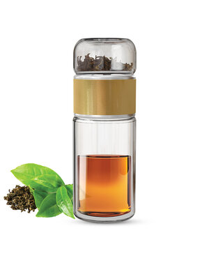 Gewürzladen Näfels Drehbare Teeflasche aus hitzebeständigem Glas mit Teefilter - to go, 240 ml, gold