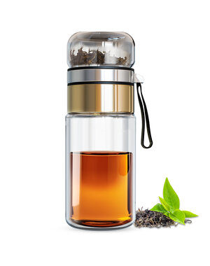 Gewürzladen Näfels Drehbare Teeflasche aus hitzebeständigem Glas mit Teefilter - to go, 320 ml, gold