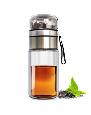 Gewürzladen Näfels Drehbare Teeflasche aus hitzebeständigem Glas mit Teefilter - to go, 320 ml, silber