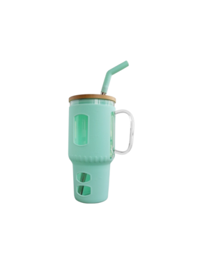  Glasbecher mit Strohhalm & Bambusdeckel – für Auto-Becherhalter, mint