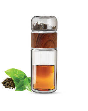 Gewürzladen Näfels Drehbare Teeflasche aus hitzebeständigem Glas mit Teefilter - to go, 240 ml, holzoptik braun