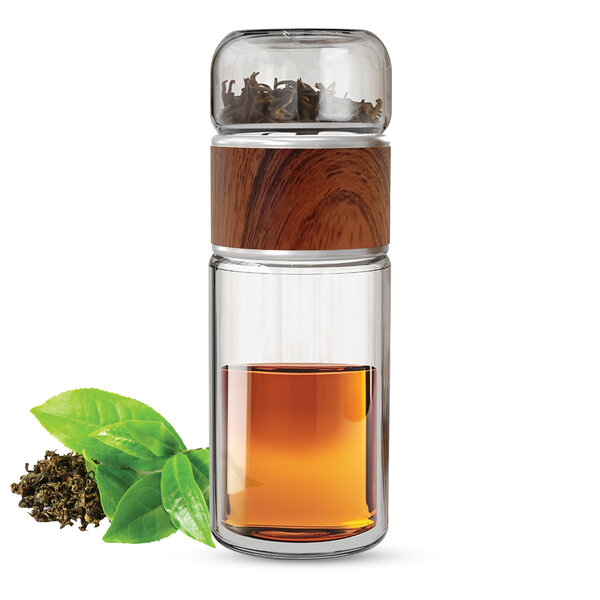 Gewürzladen Näfels Drehbare Teeflasche aus hitzebeständigem Glas mit Teefilter - to go, 240 ml, holzoptik braun