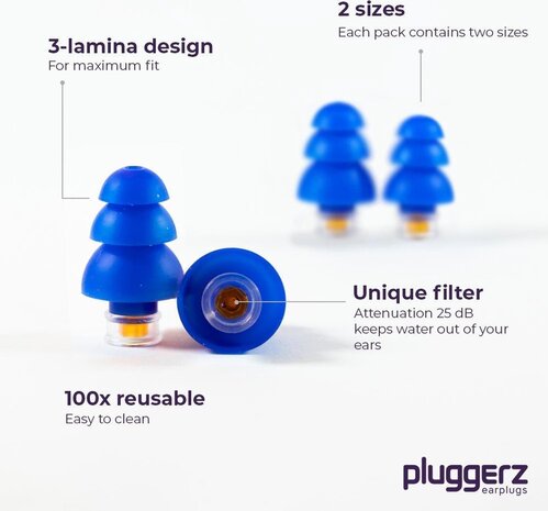 Pluggerz Swim | met filter SNR 25dB | 2 paar in 2 maten, voor kleine en normale gehoorgang Pluggerz Swim | met filter SNR 25dB | 2 paar in 2 maten, voor kleine en normale gehoorgang