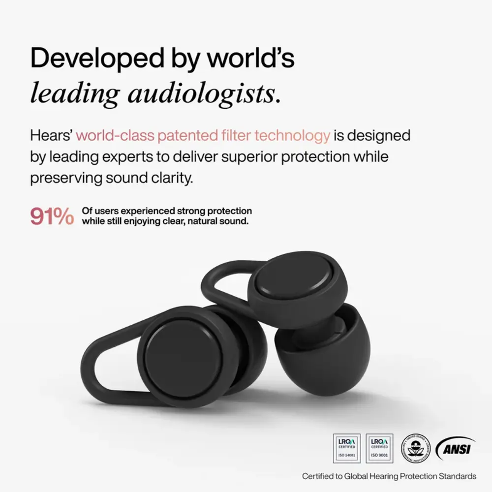 Hears Plus  oordoppen in Jet Black| Innovatief filter met Kristalhelder Geluid