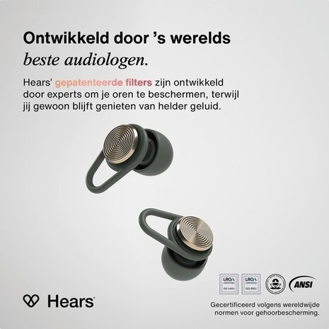 Hears Plus  oordoppen in Pine Green | Innovatief filter met Kristalhelder Geluid