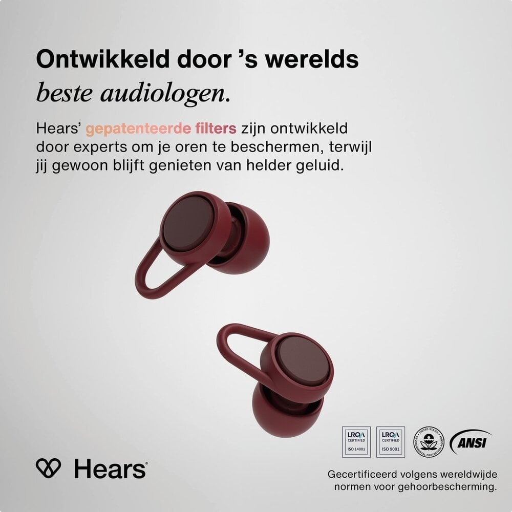 Hears Plus oordoppen in Burgundy Breeze | Innovatief filter met Kristalhelder Geluid Hears Plus oordoppen in Burgundy Breeze | Innovatief filter met Kristalhelder Geluid