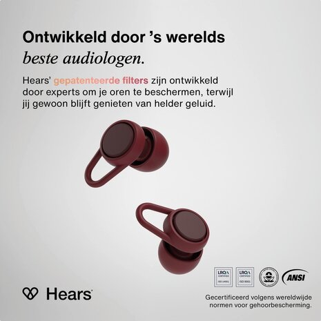Hears Plus oordoppen in Burgundy Breeze | Innovatief filter met Kristalhelder Geluid Hears Plus oordoppen in Burgundy Breeze | Innovatief filter met Kristalhelder Geluid