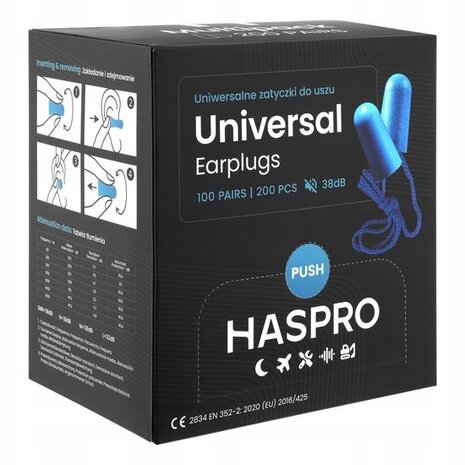 Haspro® BOX 100 paar Oordopjes met Koord | SNR 38dB Haspro® BOX 100 paar Oordopjes met Koord | SNR 38dB