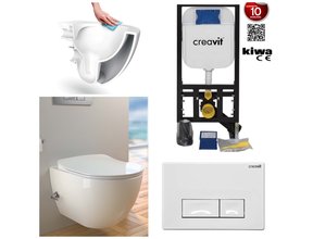 Compleet set Wandcloset met bidet geïntegreerd kraan Creavit Wandcloset + Inbouwreservoir en drukplaat