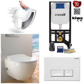 Compleet set Wandcloset met bidet geïntegreerd kraan Creavit Wandcloset + Inbouwreservoir en drukplaat