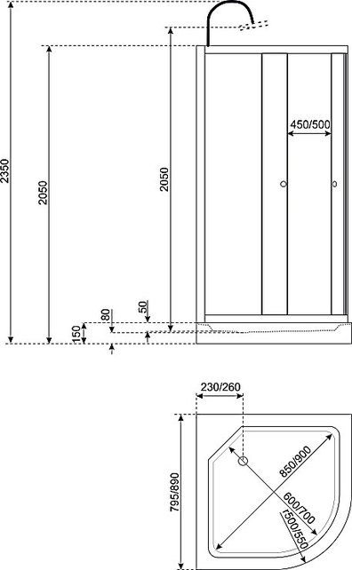 Gesloten Douchecabine Kwartrond 90x90cm Compleet met doucheset Creavit Beauty 5mm Veiligheidsglas 235cm