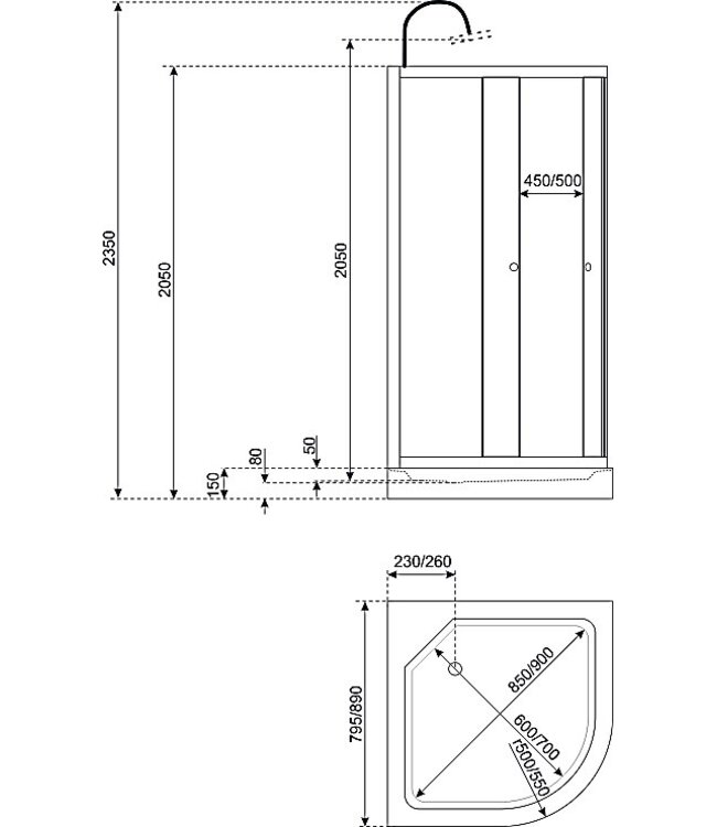 Gesloten Douchecabine Kwartrond 90x90cm Compleet met doucheset Creavit Beauty 5mm Veiligheidsglas 235cm