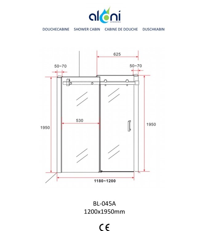Douchedeur Nisdeur Aloni Slice 120x195cm  Schuifdeur 8mm Veiligheidsglas Nano-coating Verchroomd Rails