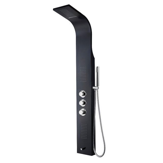Creavit Douchepaneel Mat Zwart 160x20x7cm ThermostaatKraan Regendouche Uitloopkraan en 3x Massagejets RVS.