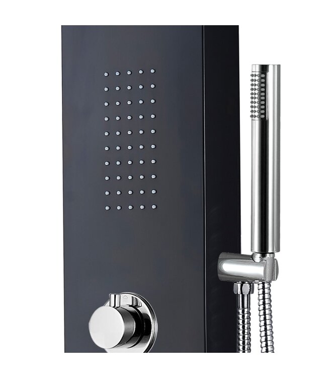 Creavit Douchepaneel Mat Zwart 160x20x7cm ThermostaatKraan Regendouche Uitloopkraan en 3x Massagejets RVS.