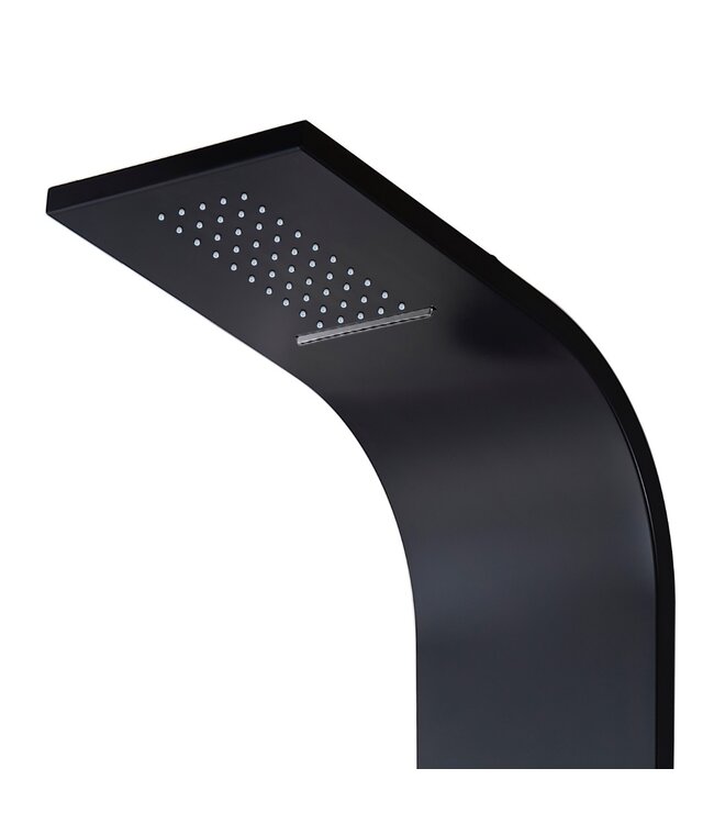 Creavit Douchepaneel Mat Zwart 160x20x7cm ThermostaatKraan Regendouche Uitloopkraan en 3x Massagejets RVS.