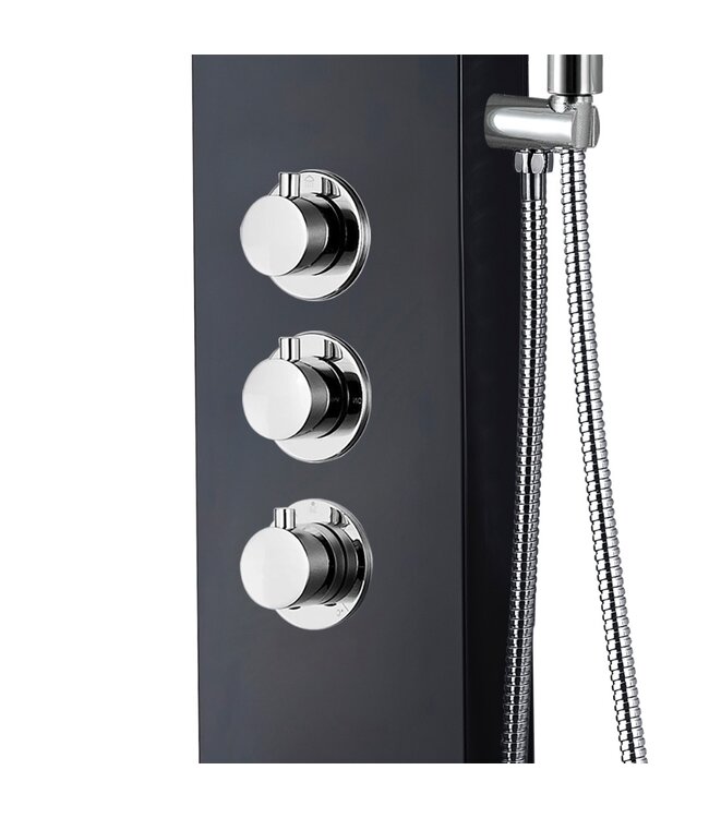 Creavit Douchepaneel Mat Zwart 160x20x7cm ThermostaatKraan Regendouche Uitloopkraan en 3x Massagejets RVS.