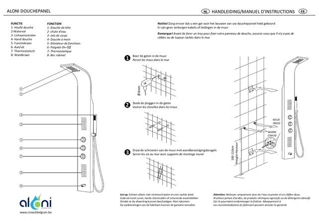 Creavit Douchepaneel Mat Zwart 160x20x7cm ThermostaatKraan Regendouche Uitloopkraan en 3x Massagejets RVS.