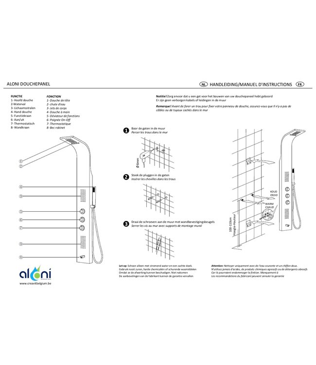 Douchepaneel Mat Chroom RVS Creavit 160x20x7 cm Thermostaatkraan