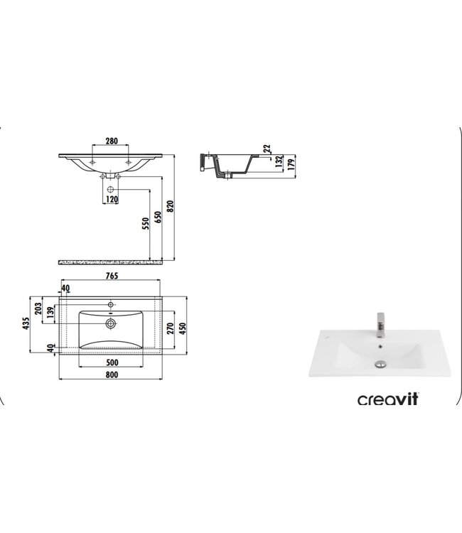 Creavit Sally Badkamermeubel 80cm Hoogglans Wit met keramisch wastafel 2 lades Softclose