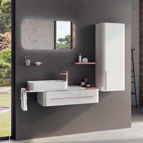 Compleet Badkamermeubel Set Angel 120cm glans wit - Koper incl. Led-Spiegel kolomkast en geborsteld koper Accessoires