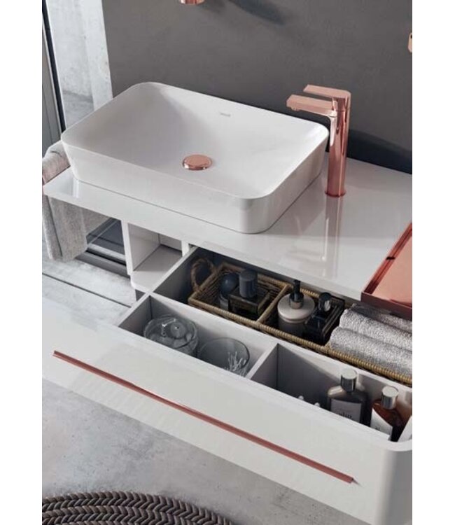 Compleet Badkamermeubel Set Angel 120cm glans wit - Koper incl. Led-Spiegel kolomkast en geborsteld koper Accessoires