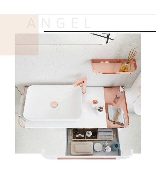 Compleet Badkamermeubel Set Angel 120cm glans wit - Koper incl. Led-Spiegel kolomkast en geborsteld koper Accessoires