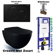 Compleet Set Geberit UP320 met Creavit Hangtoilet Freedom met bidet Mat Zwart incl. Toiletbril met of zonder spoelrand