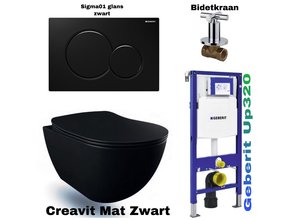 Compleet Set Geberit UP320 met Creavit Hangtoilet Freedom met bidet Mat Zwart incl. Toiletbril met of zonder spoelrand