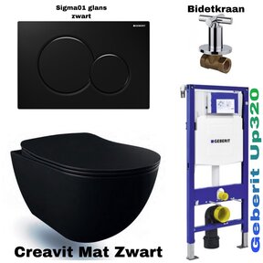 Compleet Set Geberit UP320 met Creavit Hangtoilet Freedom met bidet Mat Zwart incl. Toiletbril met of zonder spoelrand