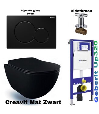 CREAVIT Compleet Set Geberit UP320 met Creavit Hangtoilet Freedom met bidet Mat Zwart incl. Toiletbril met of zonder spoelrand
