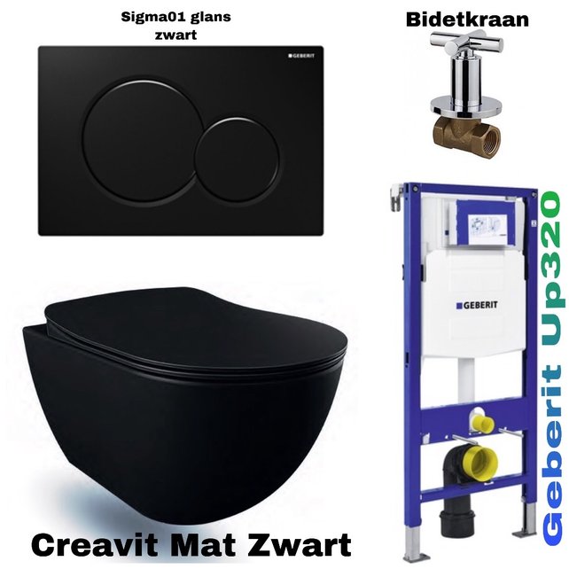 Compleet Set Geberit UP320 met Creavit Hangtoilet Freedom met bidet Mat Zwart incl. Toiletbril met of zonder spoelrand