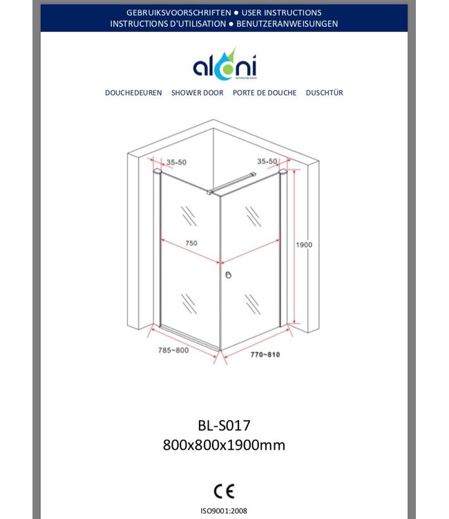 Douchecabine Azura 80x80x190cm Helderglas nano-coating anti-kalk 6mm Veiligheidsglas