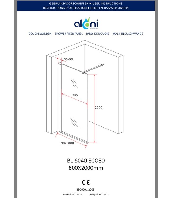 Inloopdouche 80x200cm ECO Helder / Mat Glas Douchewand Veiligheidsglas 8mm met Antikalk 200cm