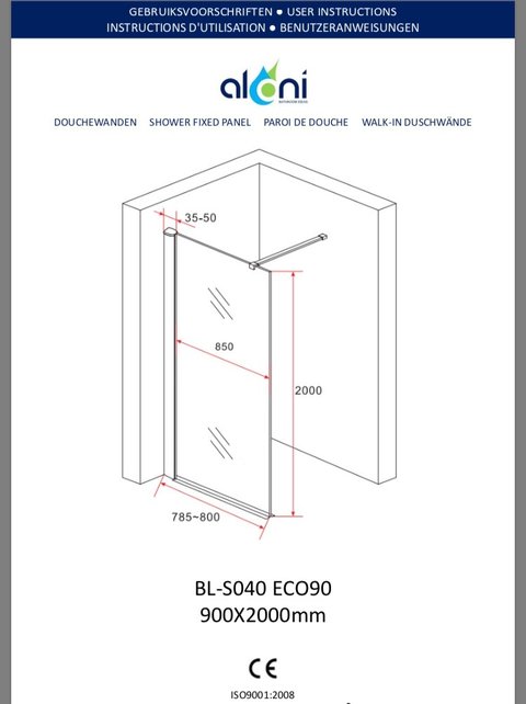 Inloopdouche 90x200cm ECO Helder / Mat Glas Douchewand Veiligheidsglas 8mm met Antikalk 200cm