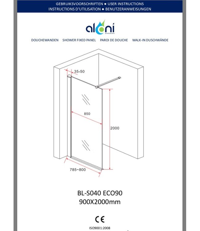 Inloopdouche 90x200cm ECO Helder / Mat Glas Douchewand Veiligheidsglas 8mm met Antikalk 200cm
