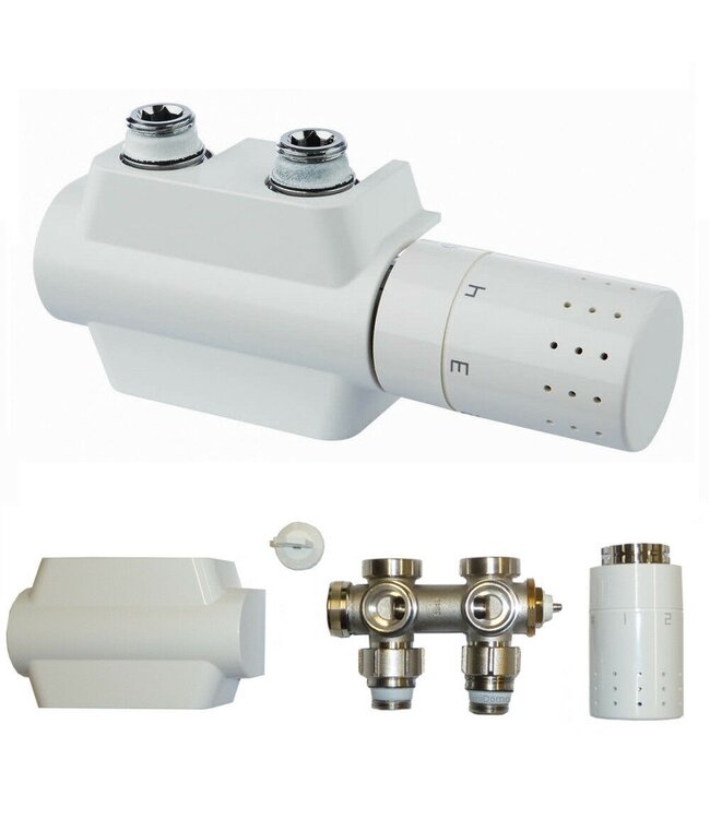 Flexo Design Radiatorkraan blok Wit  incl. Klemkop 4 in 1 van Simplex 1/2Mx3/4M