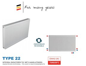 Belrad Integraal Radiatoren T22 met 6 aansluitingen omkeerbaar 300x800mm t/m 3000mm